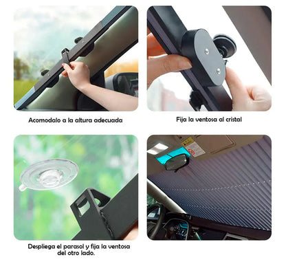 Parasol retráctil para auto la solución perfecta para mantener tu vehículo fresco y protegido.